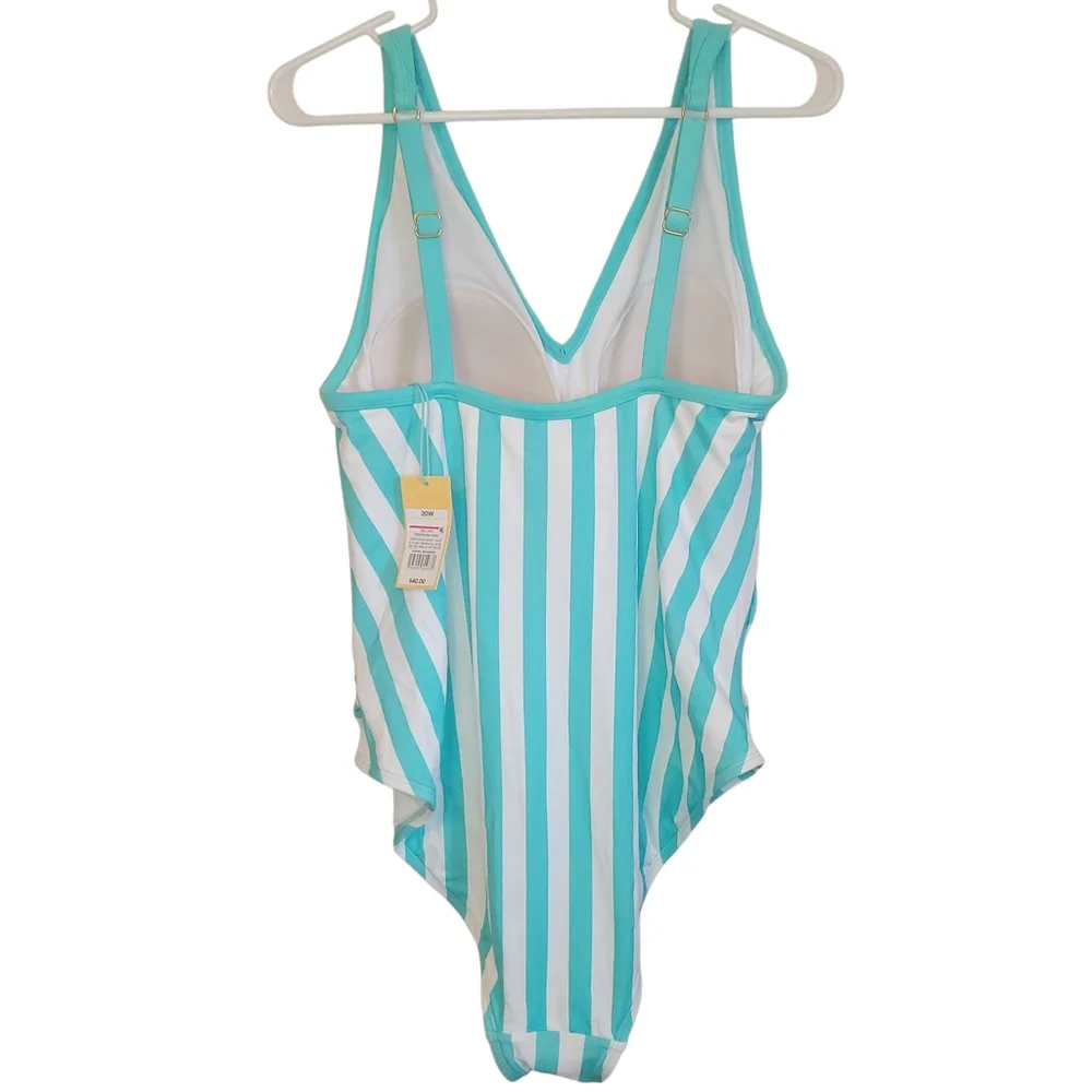 NWT Kona Sol Mint Stripe One Piece Swimsuit Size 20W Plus V Neck Strappy Back - Picture 8 of 13